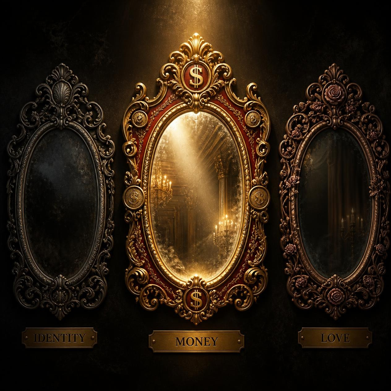 Three ornate mirrors on a dark wall. Identity is dim in a silver frame, Money is lit in crimson and gold, and Love is dusty rose with roses and vines.